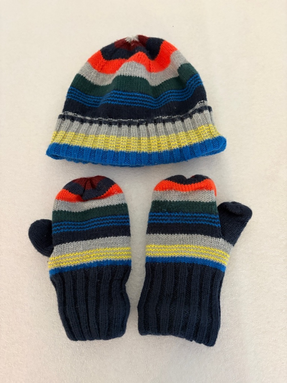 GAP Kids Striped Beanie & Mittens - Navy, Blue, Yellow, Gray, Green, Orange